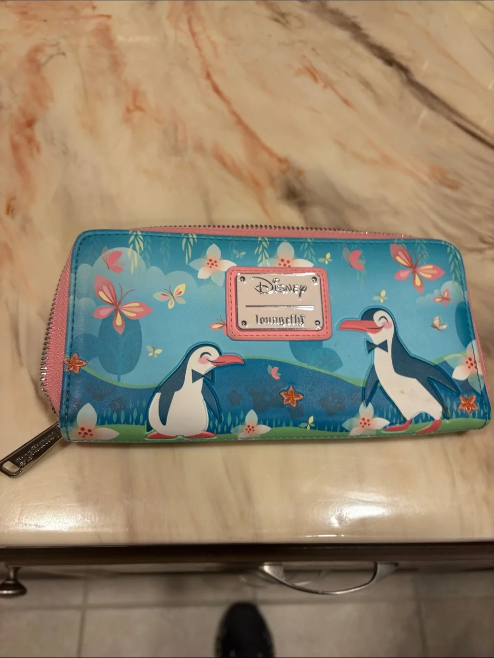 Loungefly Kids Teal Blue Penguin Zip Wallet with Pink Accent